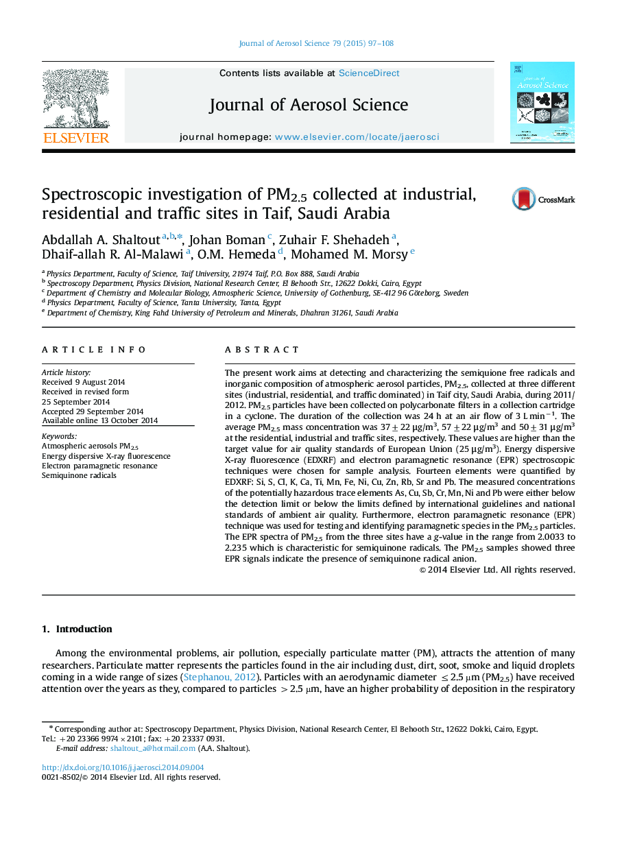 Spectroscopic investigation of PM2.5 collected at industrial, residential and traffic sites in Taif, Saudi Arabia