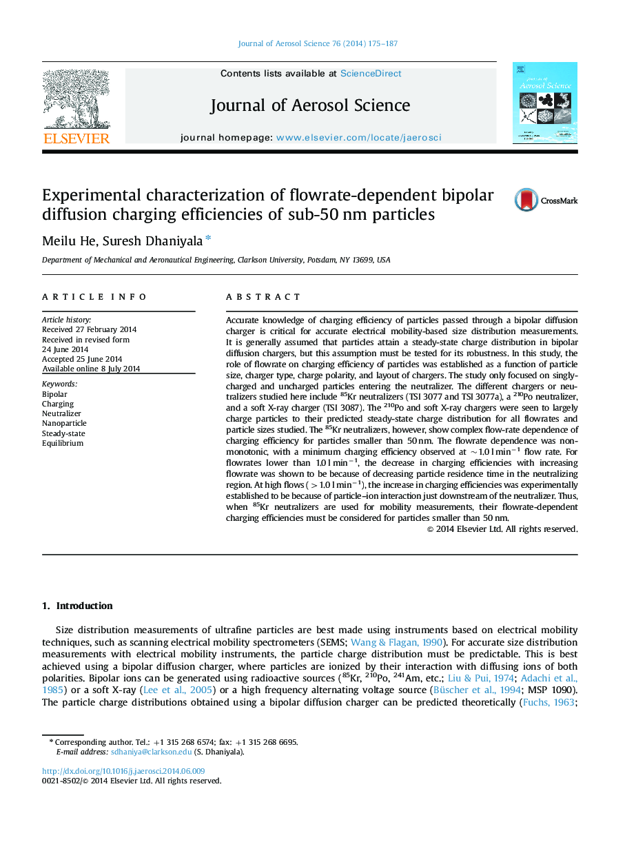 Experimental characterization of flowrate-dependent bipolar diffusion charging efficiencies of sub-50 nm particles