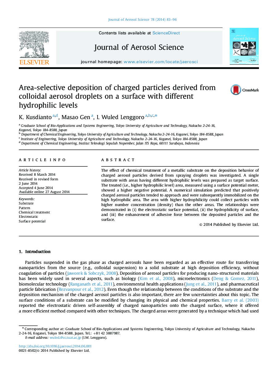 Area-selective deposition of charged particles derived from colloidal aerosol droplets on a surface with different hydrophilic levels