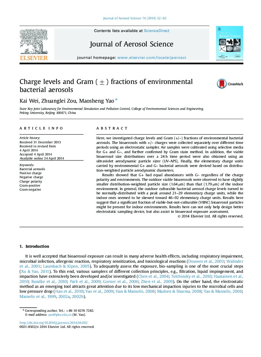 Charge levels and Gram (±) fractions of environmental bacterial aerosols