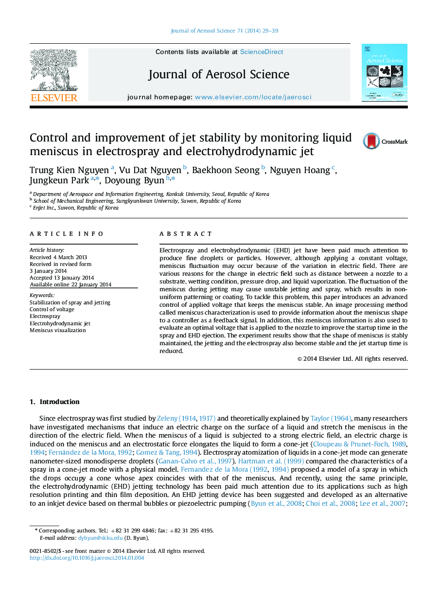 Control and improvement of jet stability by monitoring liquid meniscus in electrospray and electrohydrodynamic jet