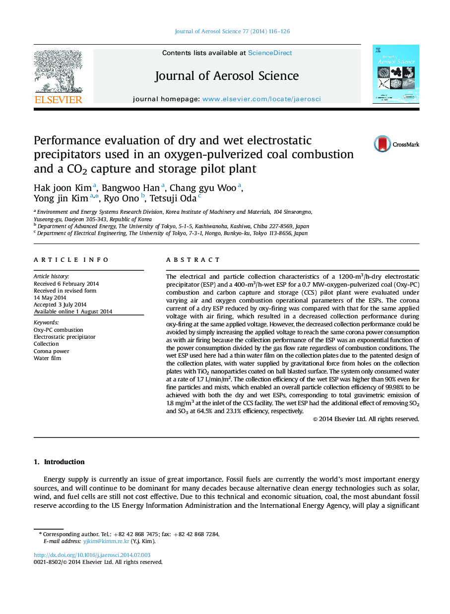 Performance evaluation of dry and wet electrostatic precipitators used in an oxygen-pulverized coal combustion and a CO2 capture and storage pilot plant