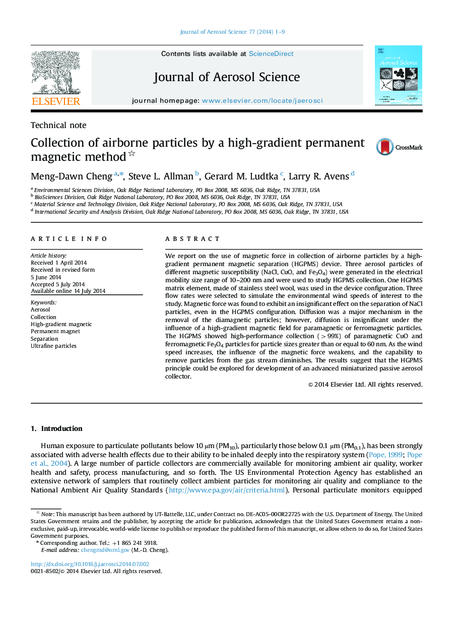 Collection of airborne particles by a high-gradient permanent magnetic method 