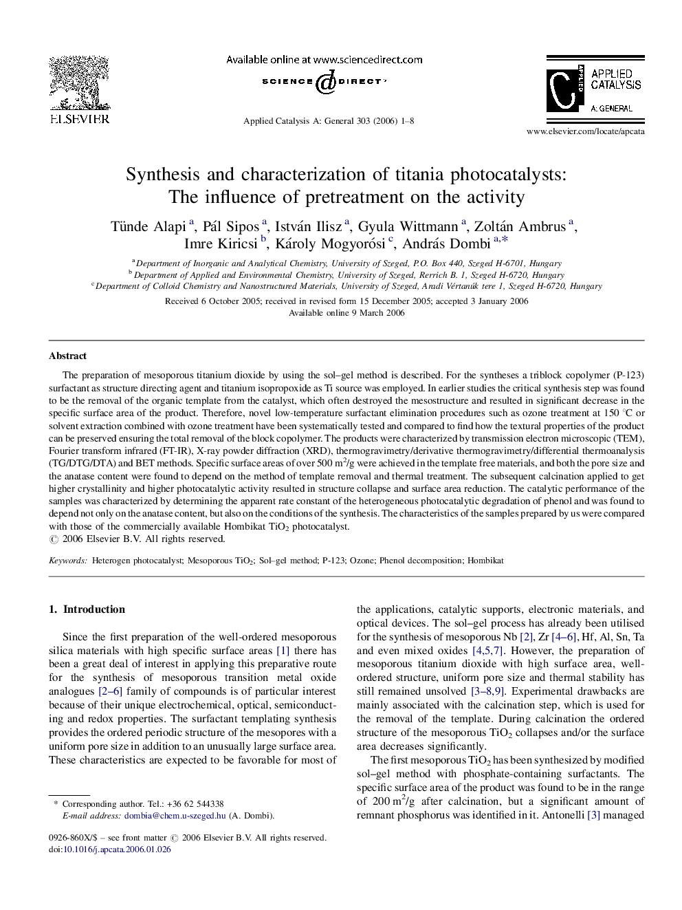 Synthesis and characterization of titania photocatalysts: The influence of pretreatment on the activity