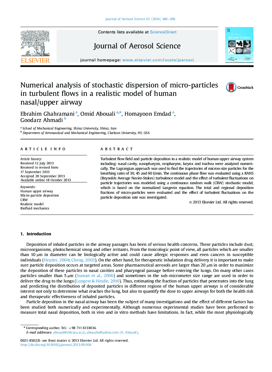 Numerical analysis of stochastic dispersion of micro-particles in turbulent flows in a realistic model of human nasal/upper airway