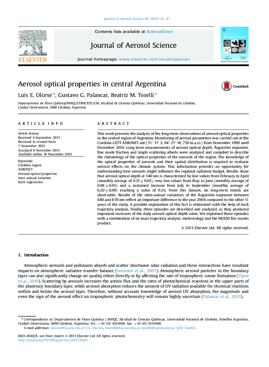 Aerosol optical properties in central Argentina