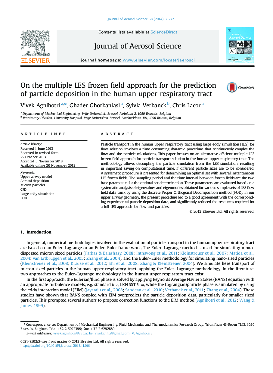 On the multiple LES frozen field approach for the prediction of particle deposition in the human upper respiratory tract