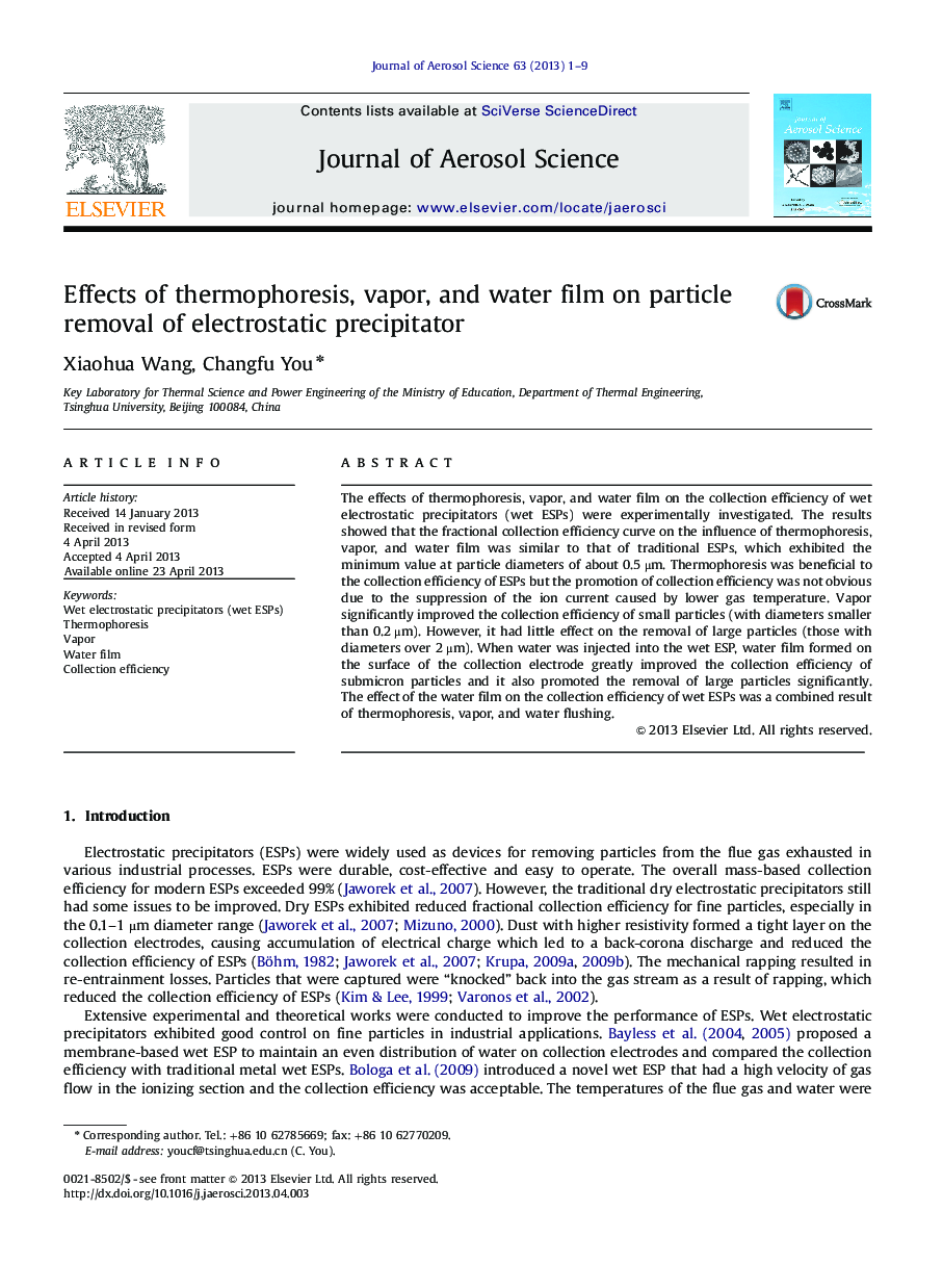 Effects of thermophoresis, vapor, and water film on particle removal of electrostatic precipitator