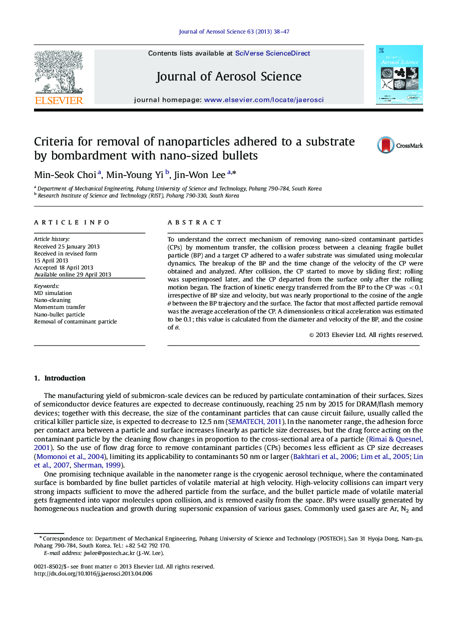 Criteria for removal of nanoparticles adhered to a substrate by bombardment with nano-sized bullets