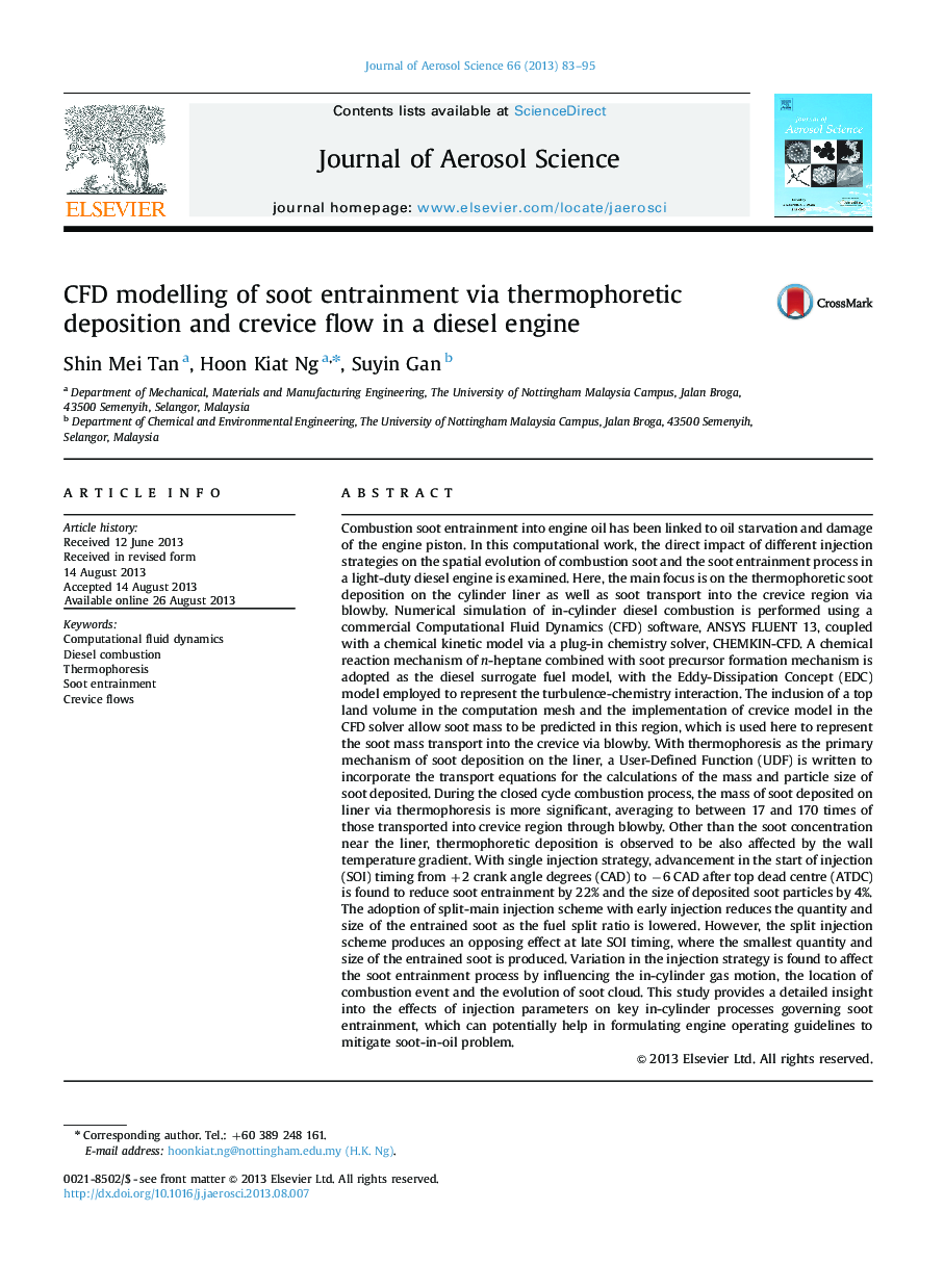 CFD modelling of soot entrainment via thermophoretic deposition and crevice flow in a diesel engine