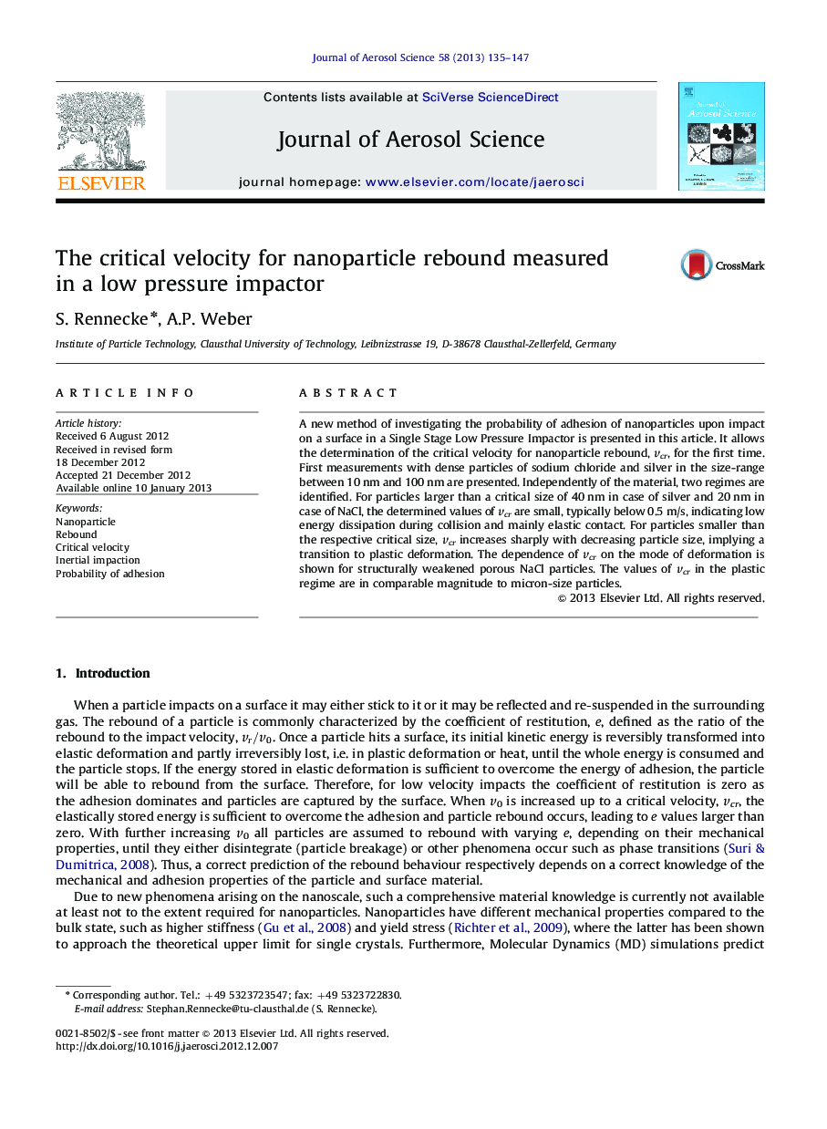 The critical velocity for nanoparticle rebound measured in a low pressure impactor