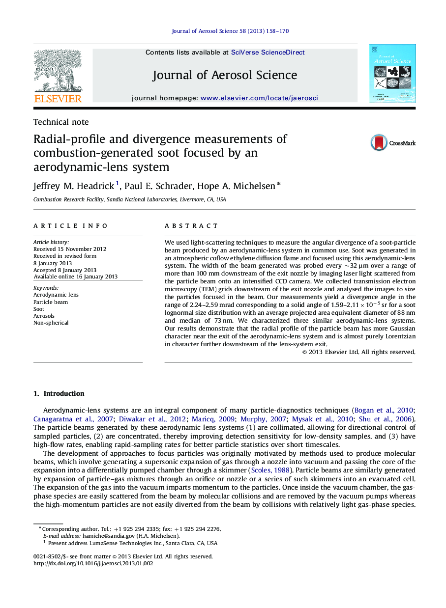 Radial-profile and divergence measurements of combustion-generated soot focused by an aerodynamic-lens system