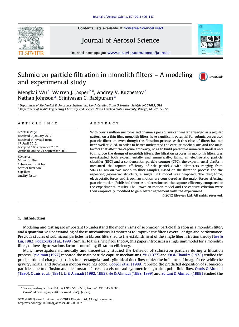 Submicron particle filtration in monolith filters – A modeling and experimental study