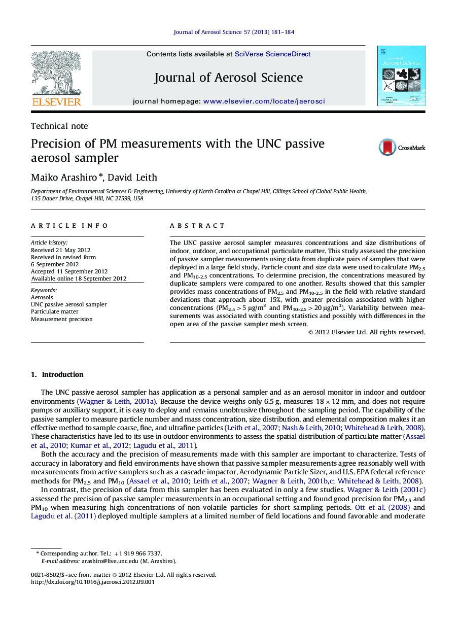 Precision of PM measurements with the UNC passive aerosol sampler