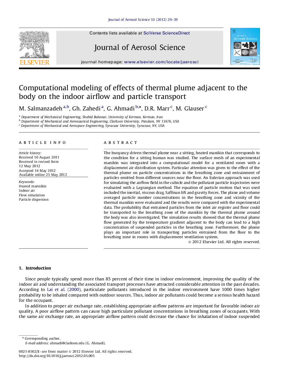 Computational modeling of effects of thermal plume adjacent to the body on the indoor airflow and particle transport