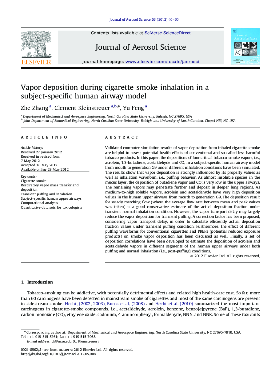 Vapor deposition during cigarette smoke inhalation in a subject-specific human airway model