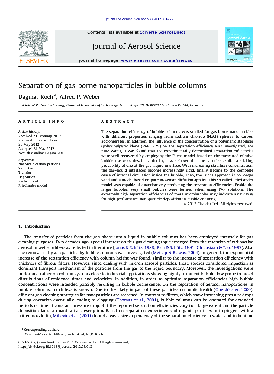 Separation of gas-borne nanoparticles in bubble columns