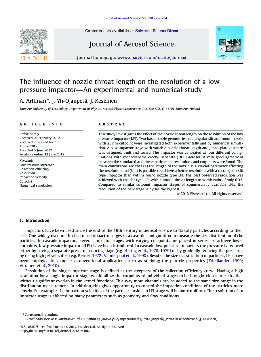 The influence of nozzle throat length on the resolution of a low pressure impactor—An experimental and numerical study