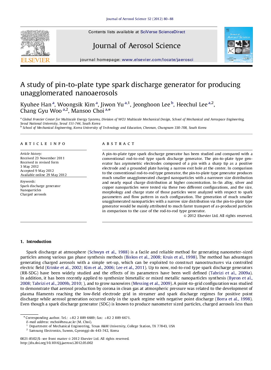 A study of pin-to-plate type spark discharge generator for producing unagglomerated nanoaerosols