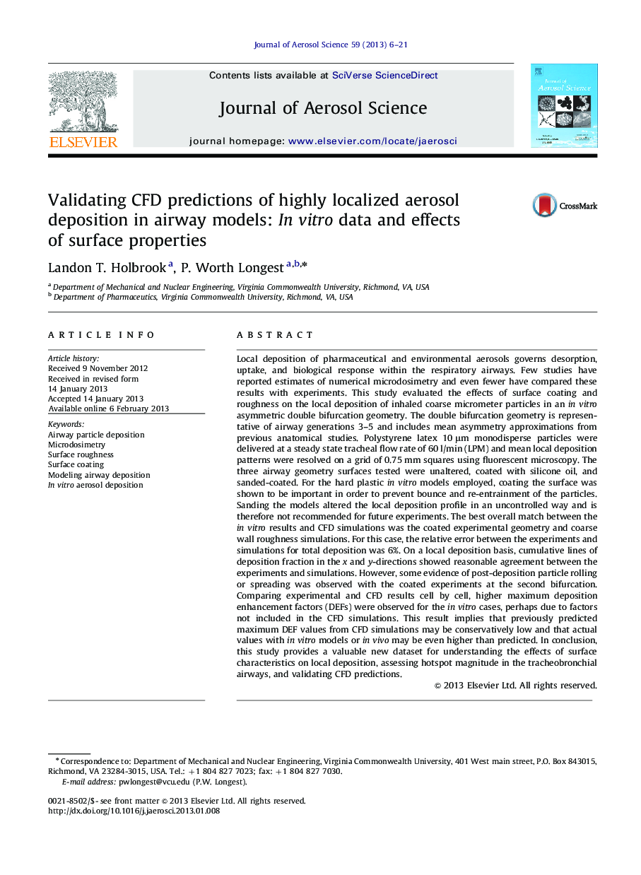 Validating CFD predictions of highly localized aerosol deposition in airway models: In vitro data and effects of surface properties