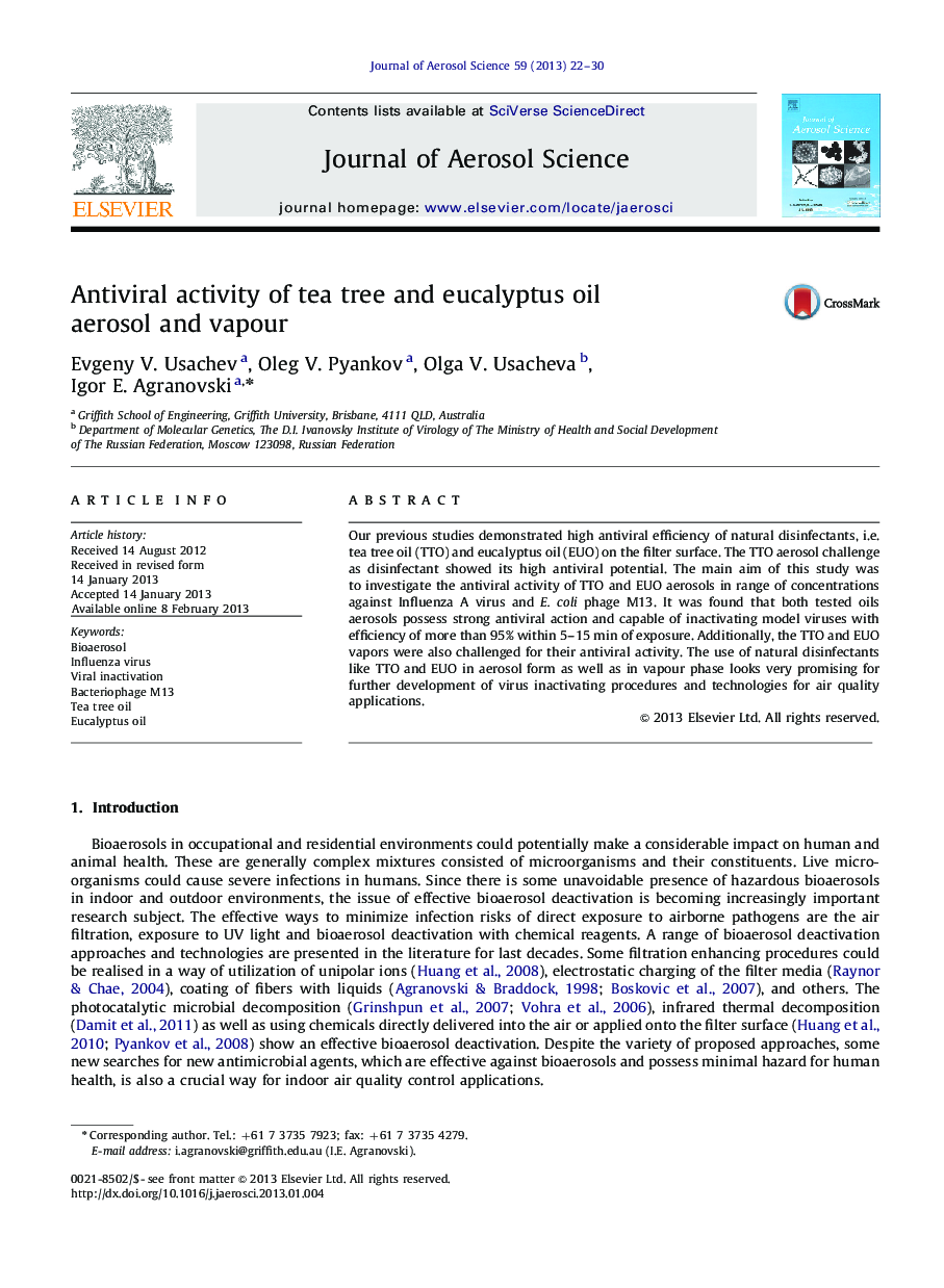 Antiviral activity of tea tree and eucalyptus oil aerosol and vapour