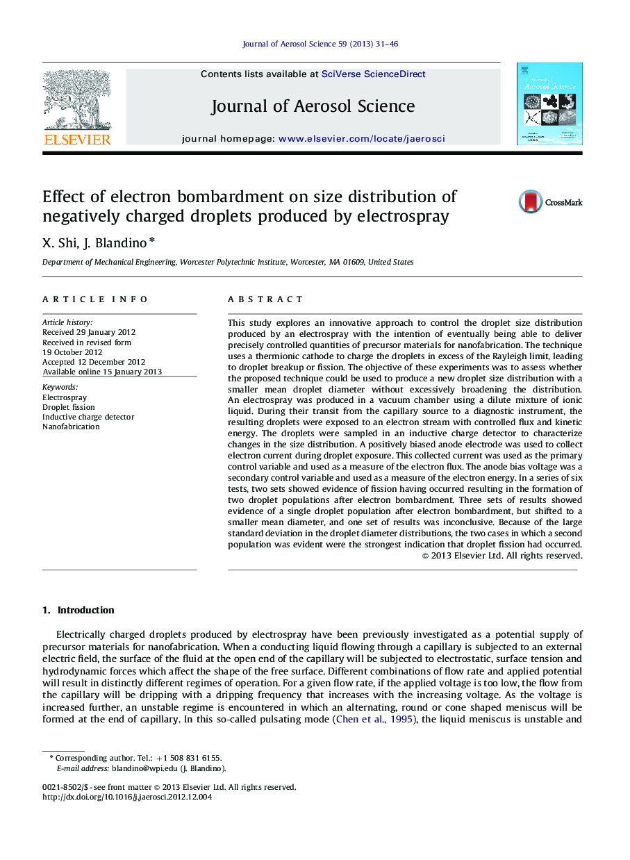 Effect of electron bombardment on size distribution of negatively charged droplets produced by electrospray