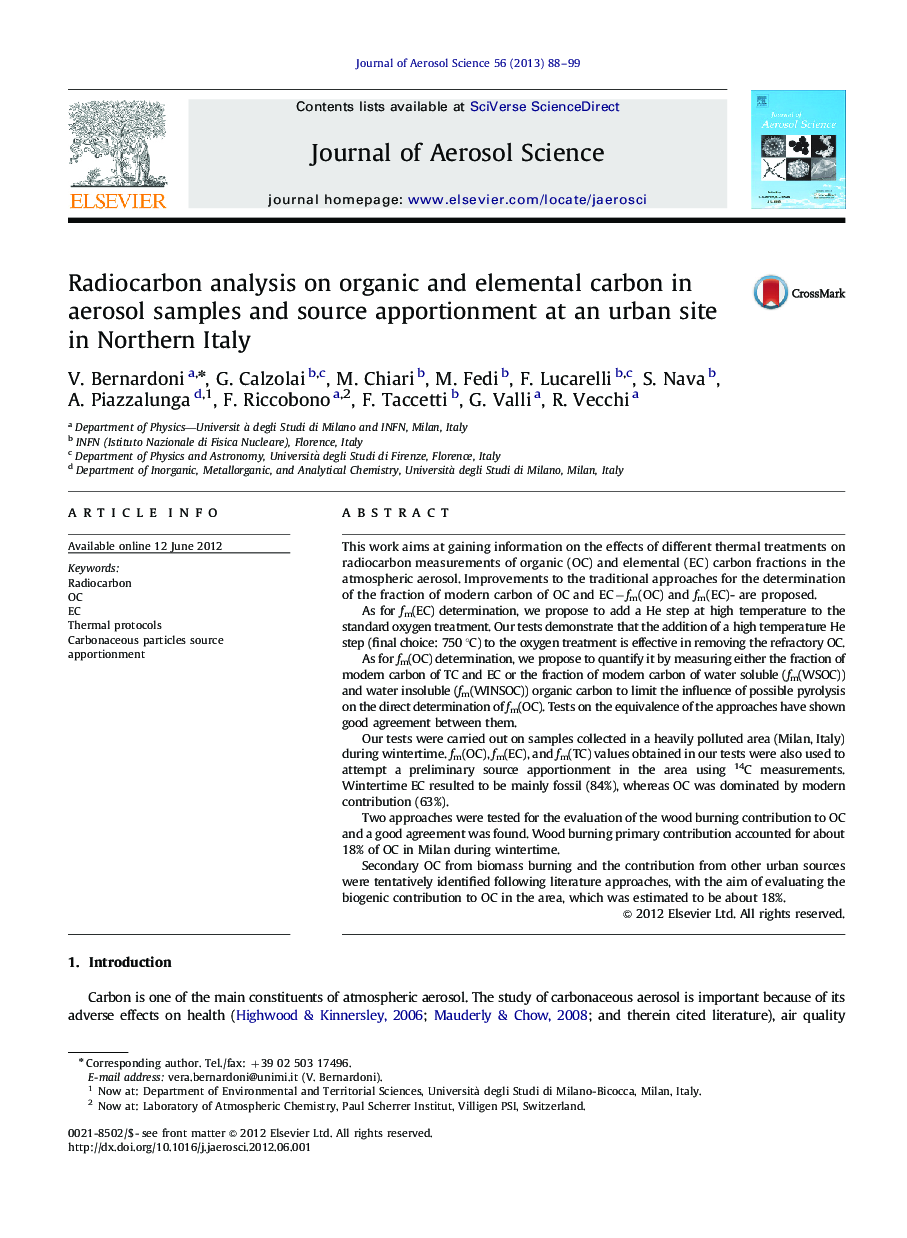 Radiocarbon analysis on organic and elemental carbon in aerosol samples and source apportionment at an urban site in Northern Italy