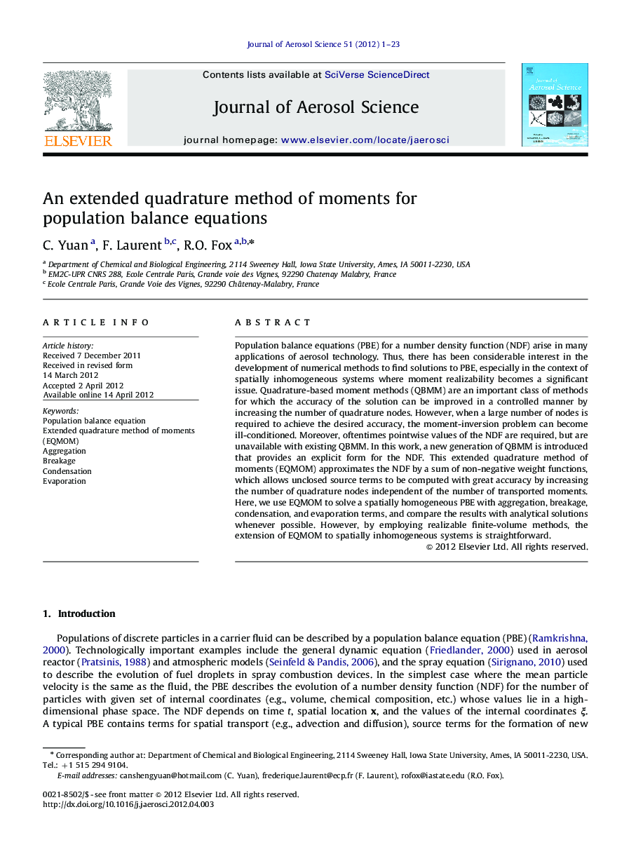 An extended quadrature method of moments for population balance equations