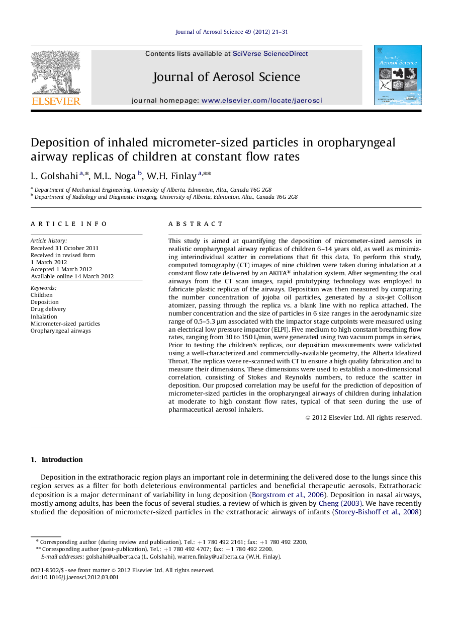 Deposition of inhaled micrometer-sized particles in oropharyngeal airway replicas of children at constant flow rates