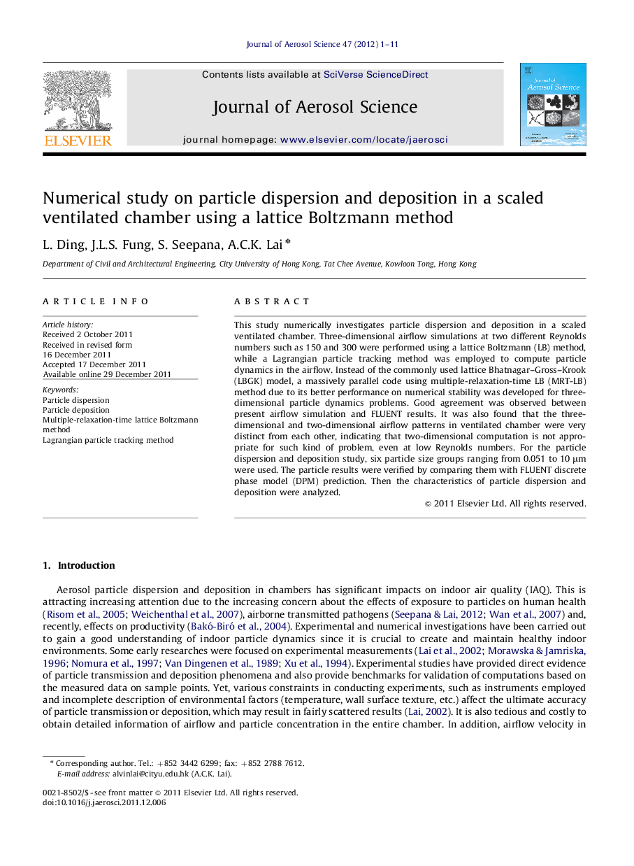 Numerical study on particle dispersion and deposition in a scaled ventilated chamber using a lattice Boltzmann method