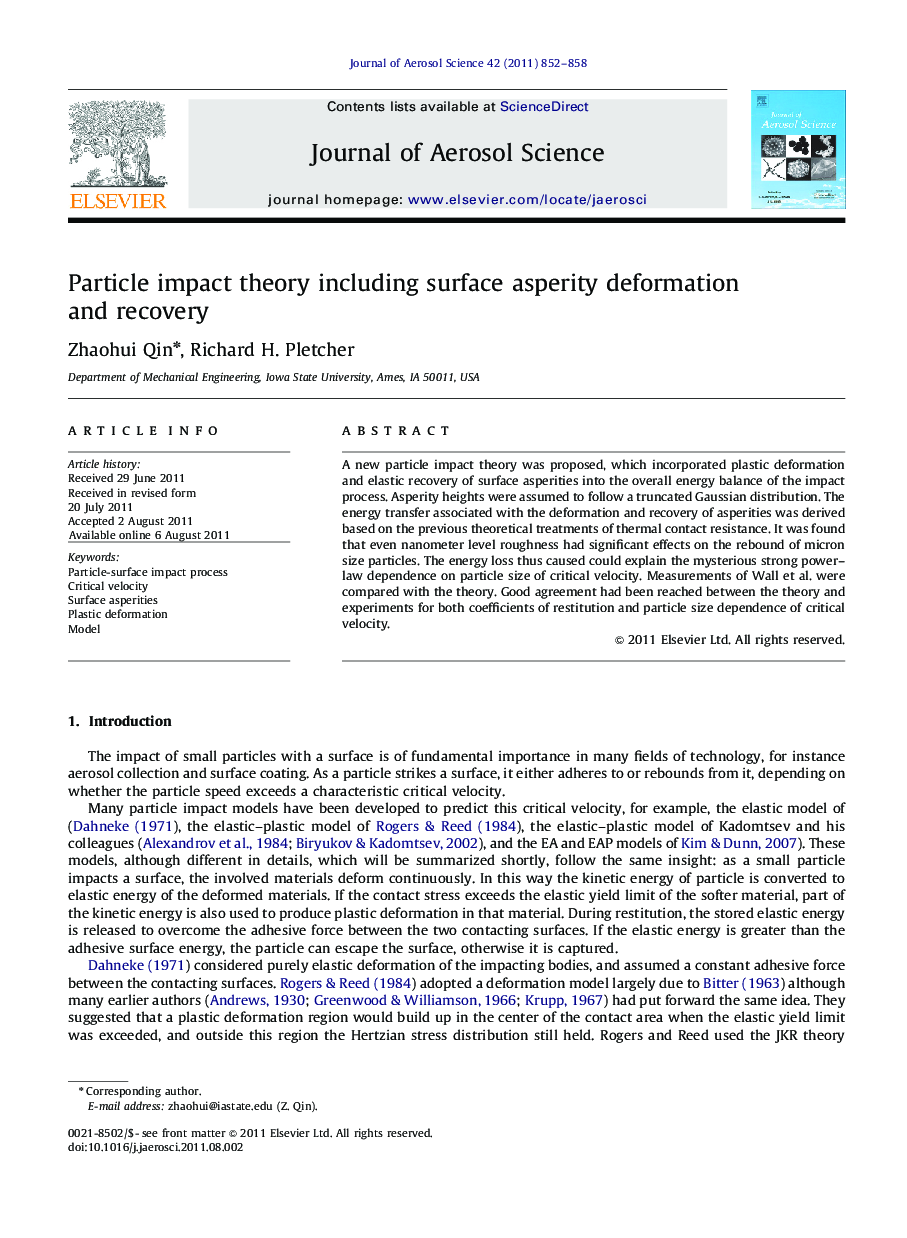 Particle impact theory including surface asperity deformation and recovery