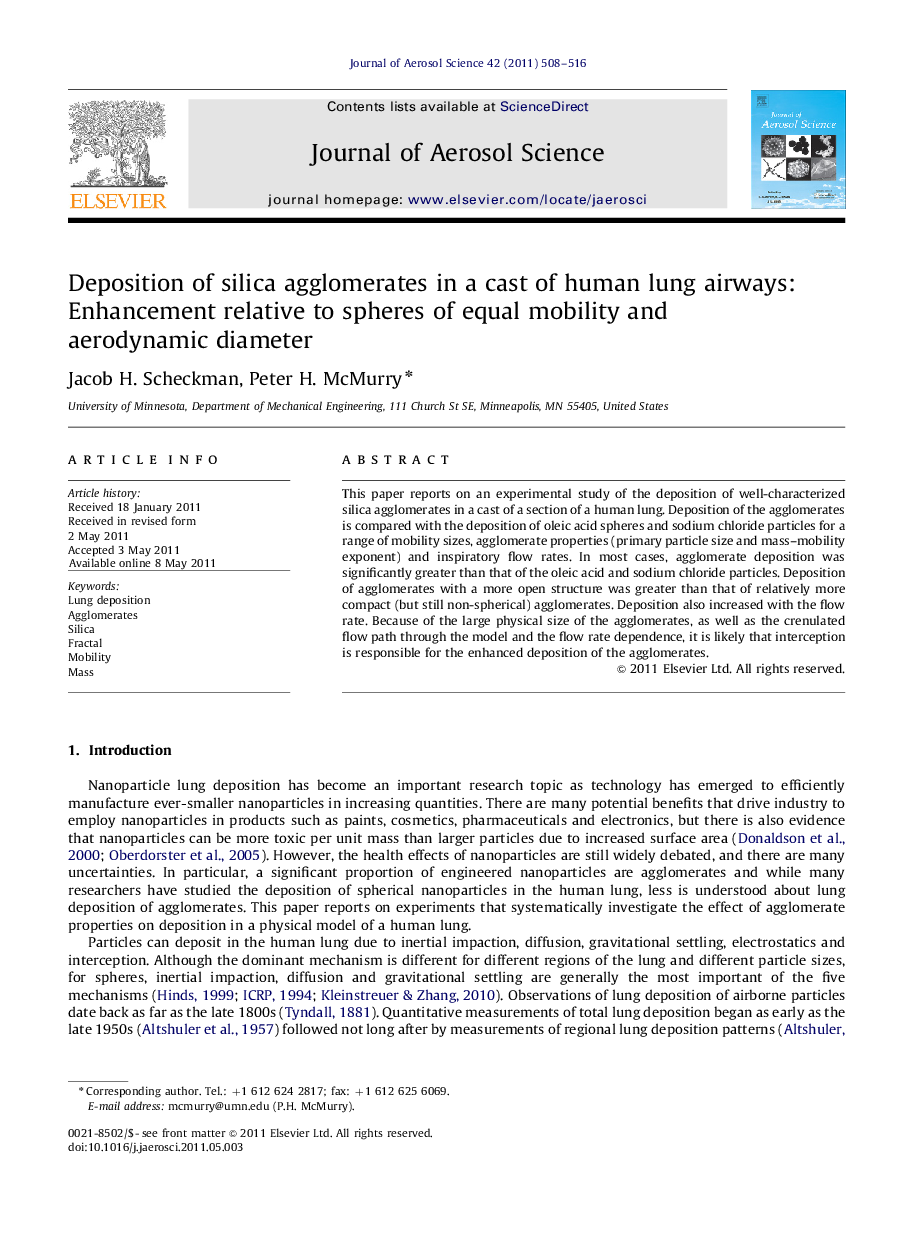 Deposition of silica agglomerates in a cast of human lung airways: Enhancement relative to spheres of equal mobility and aerodynamic diameter