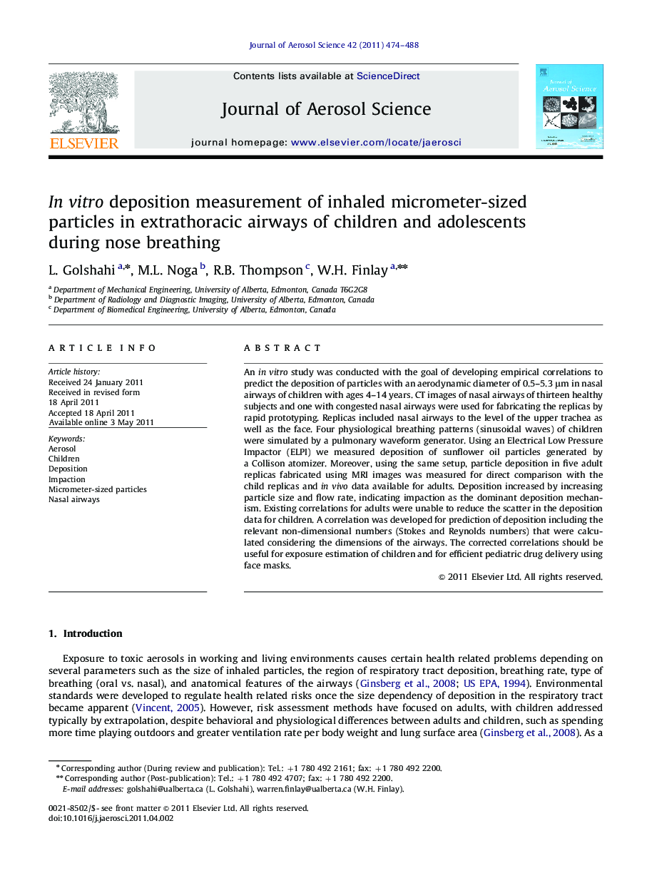 In vitro deposition measurement of inhaled micrometer-sized particles in extrathoracic airways of children and adolescents during nose breathing