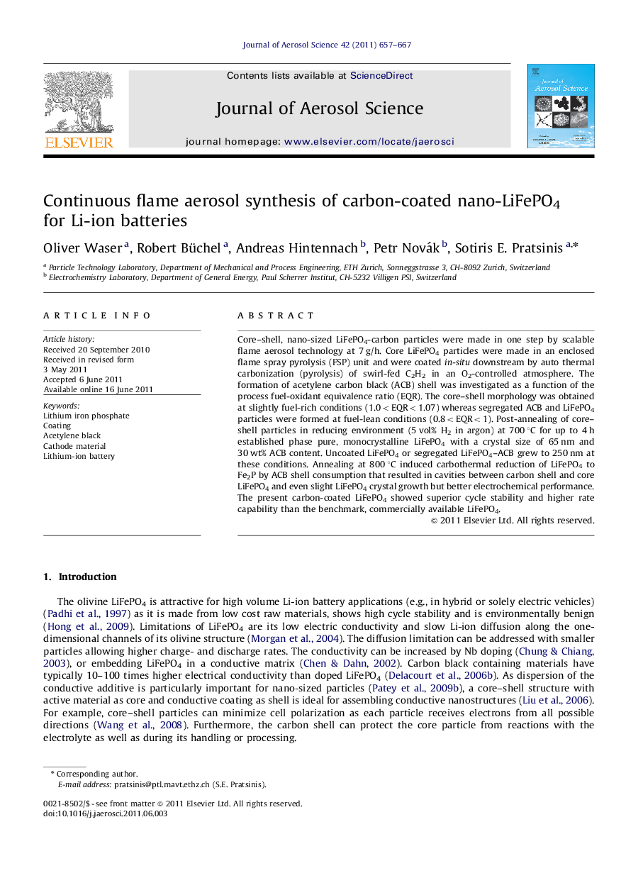 Continuous flame aerosol synthesis of carbon-coated nano-LiFePO4 for Li-ion batteries