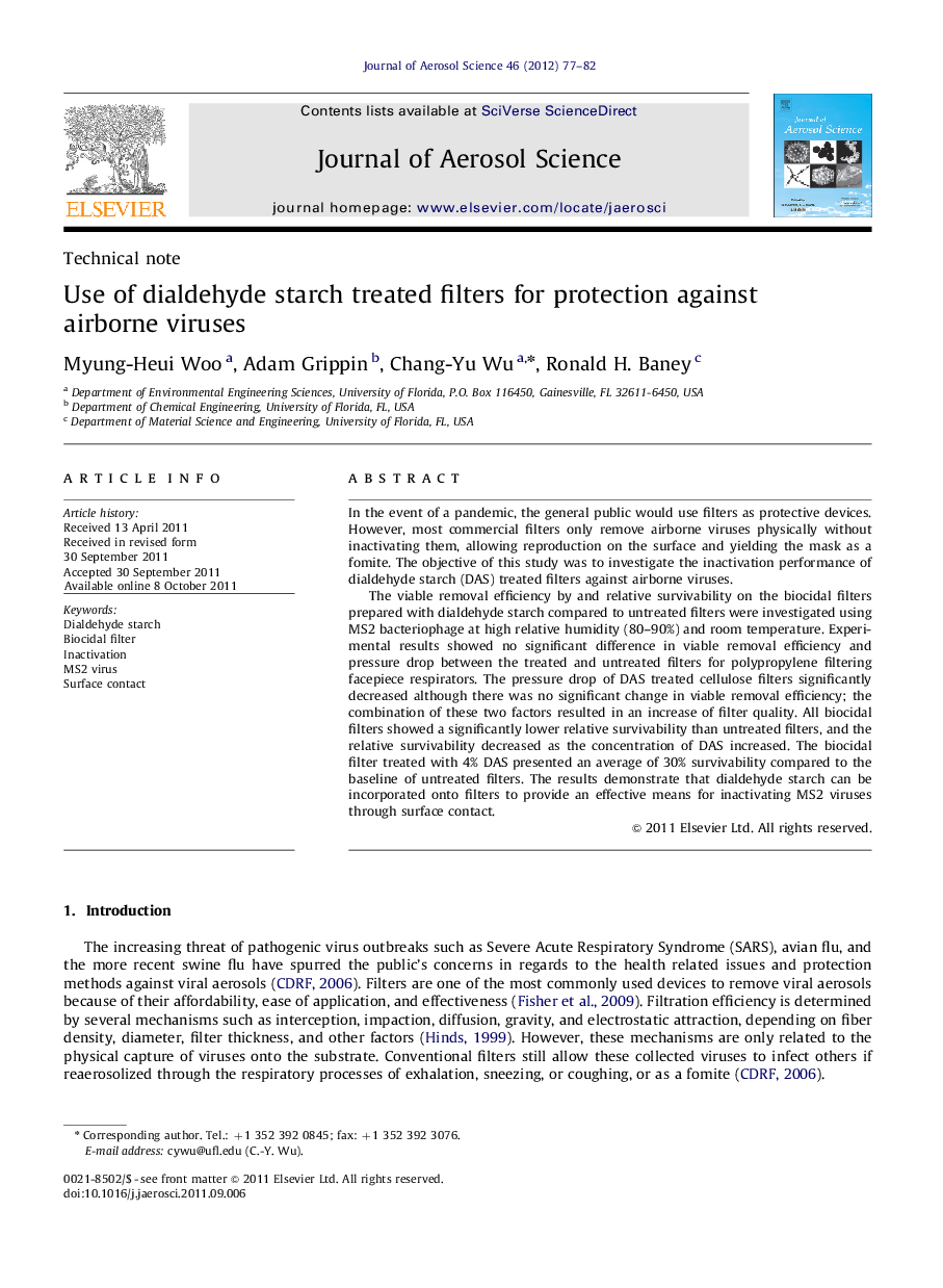 Use of dialdehyde starch treated filters for protection against airborne viruses