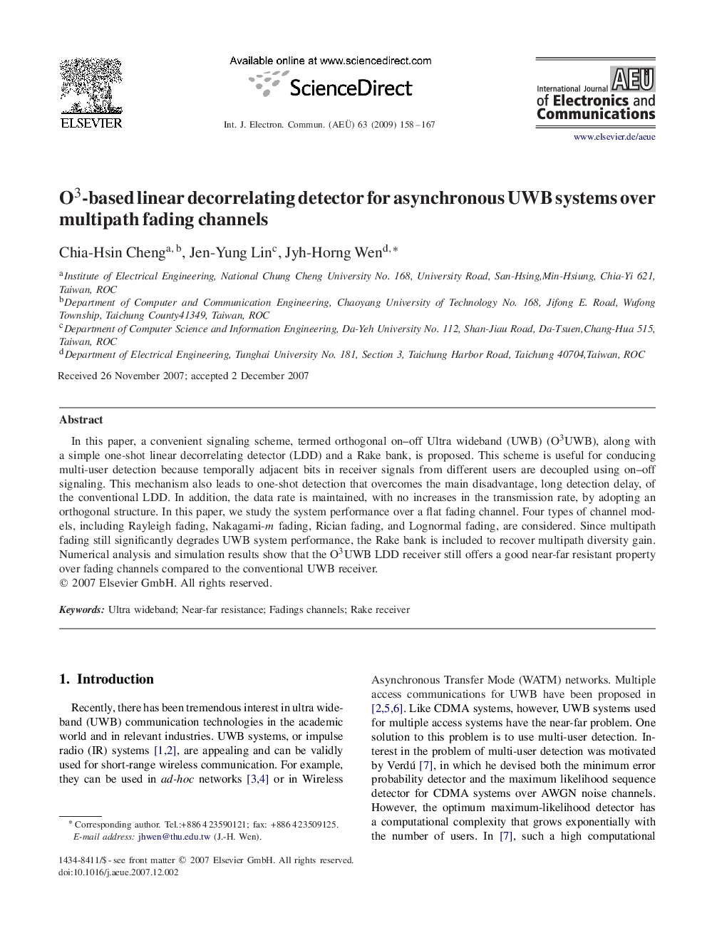 O33-based linear decorrelating detector for asynchronous UWB systems over multipath fading channels