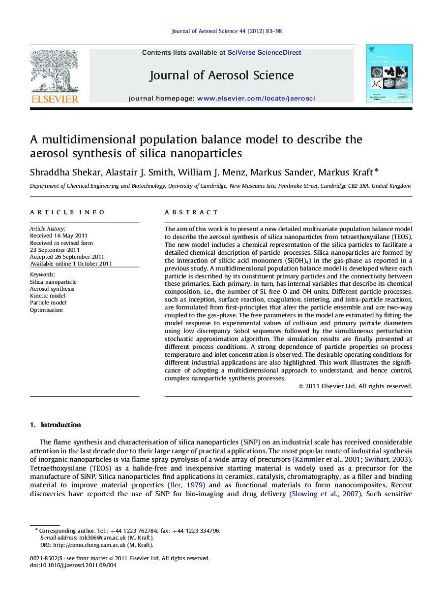 A multidimensional population balance model to describe the aerosol synthesis of silica nanoparticles