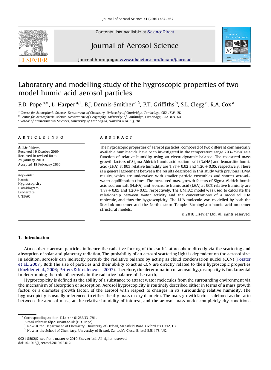 Laboratory and modelling study of the hygroscopic properties of two model humic acid aerosol particles