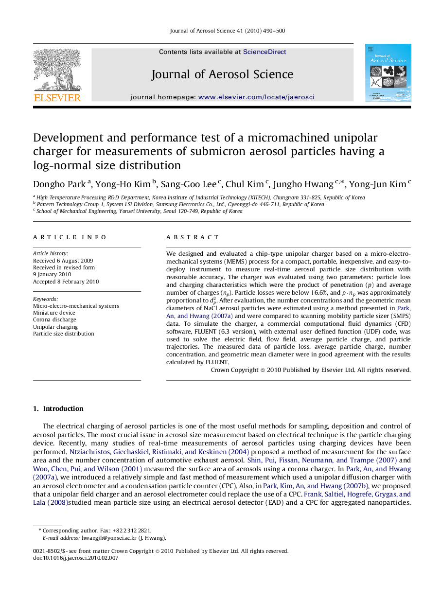 Development and performance test of a micromachined unipolar charger for measurements of submicron aerosol particles having a log-normal size distribution