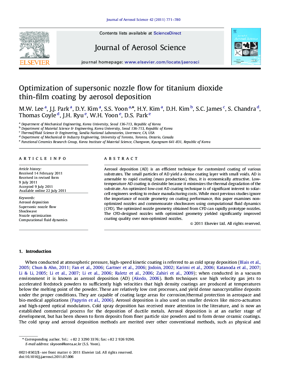 Optimization of supersonic nozzle flow for titanium dioxide thin-film coating by aerosol deposition