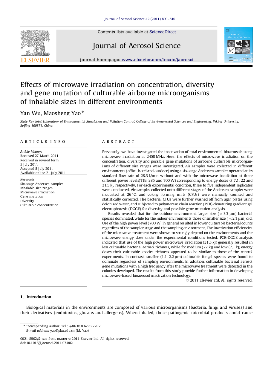 Effects of microwave irradiation on concentration, diversity and gene mutation of culturable airborne microorganisms of inhalable sizes in different environments