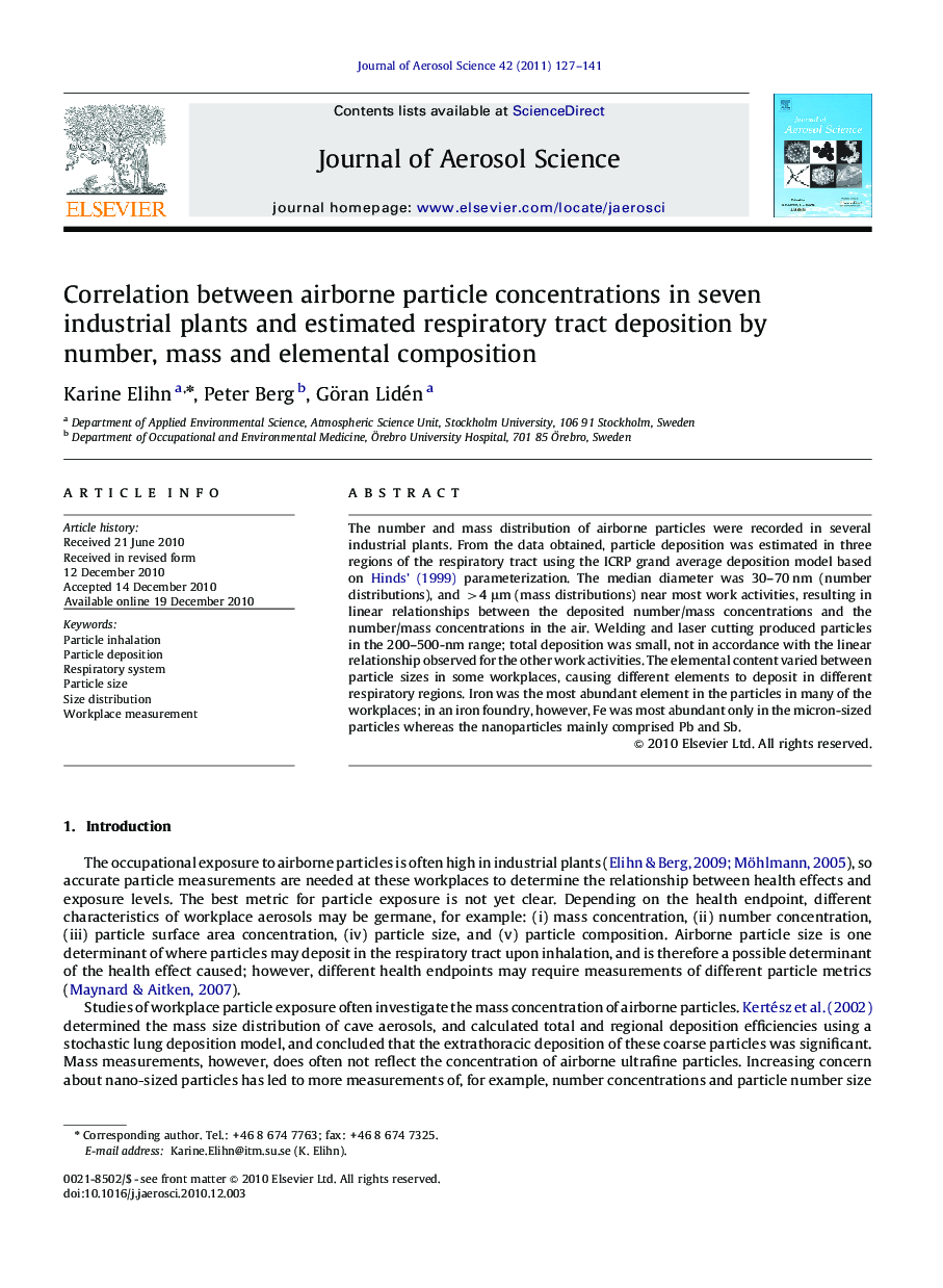 Correlation between airborne particle concentrations in seven industrial plants and estimated respiratory tract deposition by number, mass and elemental composition