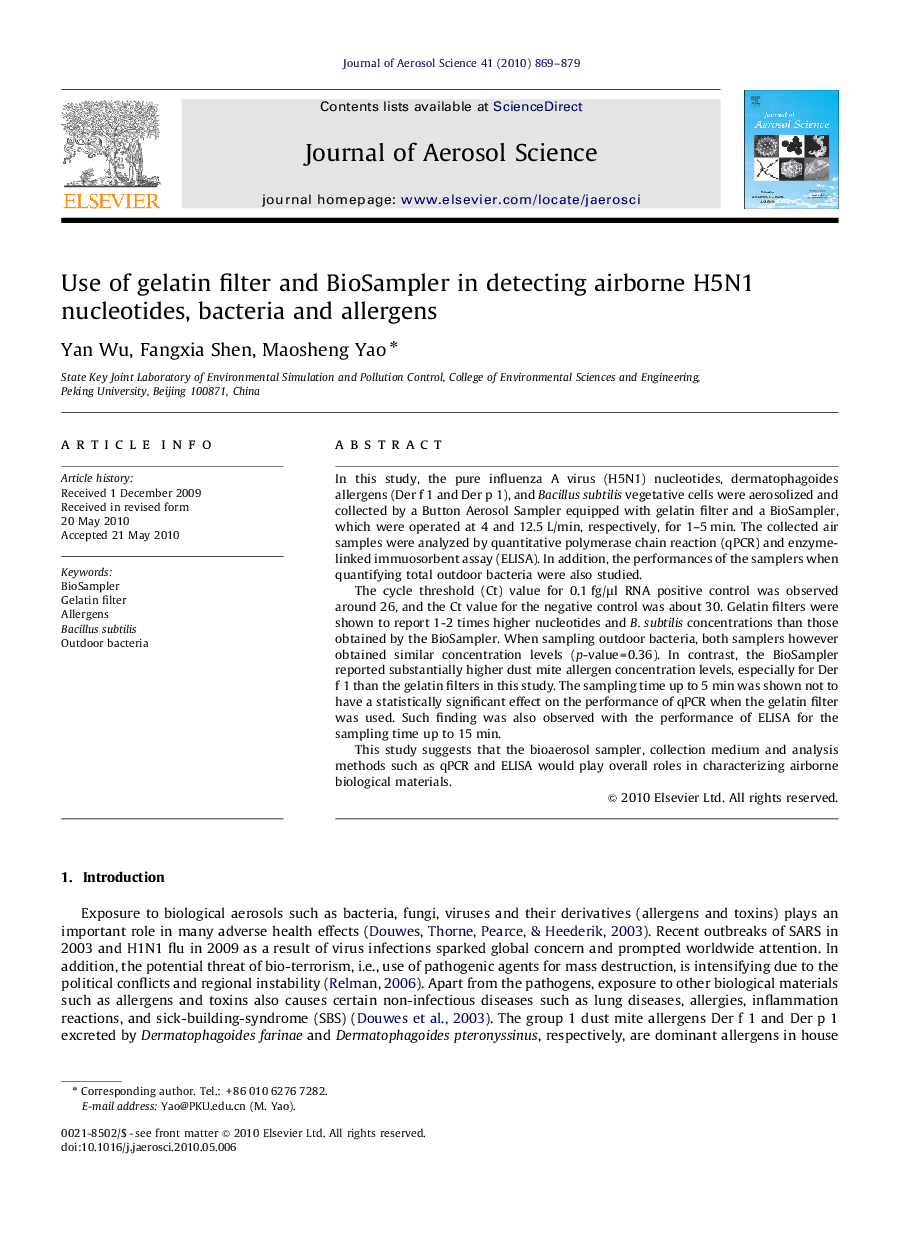 Use of gelatin filter and BioSampler in detecting airborne H5N1 nucleotides, bacteria and allergens