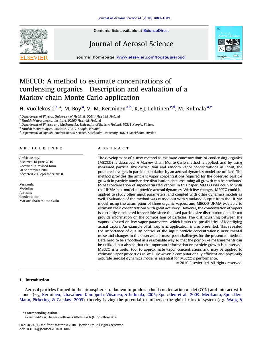 MECCO: A method to estimate concentrations of condensing organics—Description and evaluation of a Markov chain Monte Carlo application