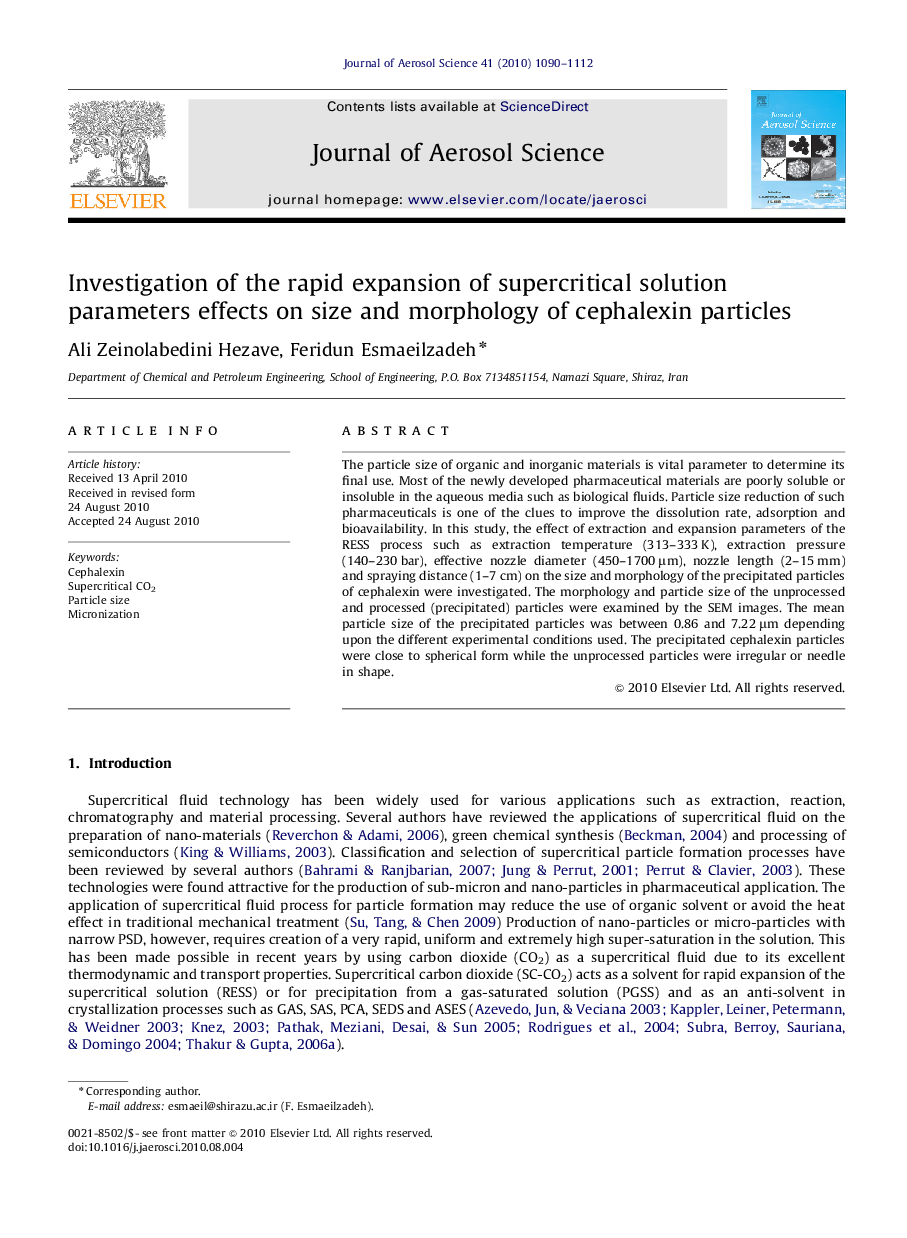 Investigation of the rapid expansion of supercritical solution parameters effects on size and morphology of cephalexin particles