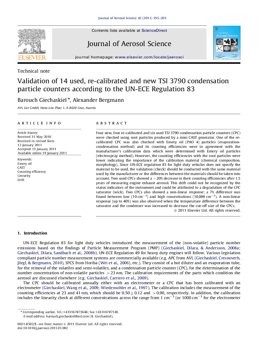 Validation of 14 used, re-calibrated and new TSI 3790 condensation particle counters according to the UN-ECE Regulation 83