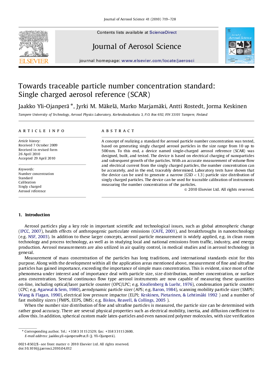 Towards traceable particle number concentration standard: Single charged aerosol reference (SCAR)