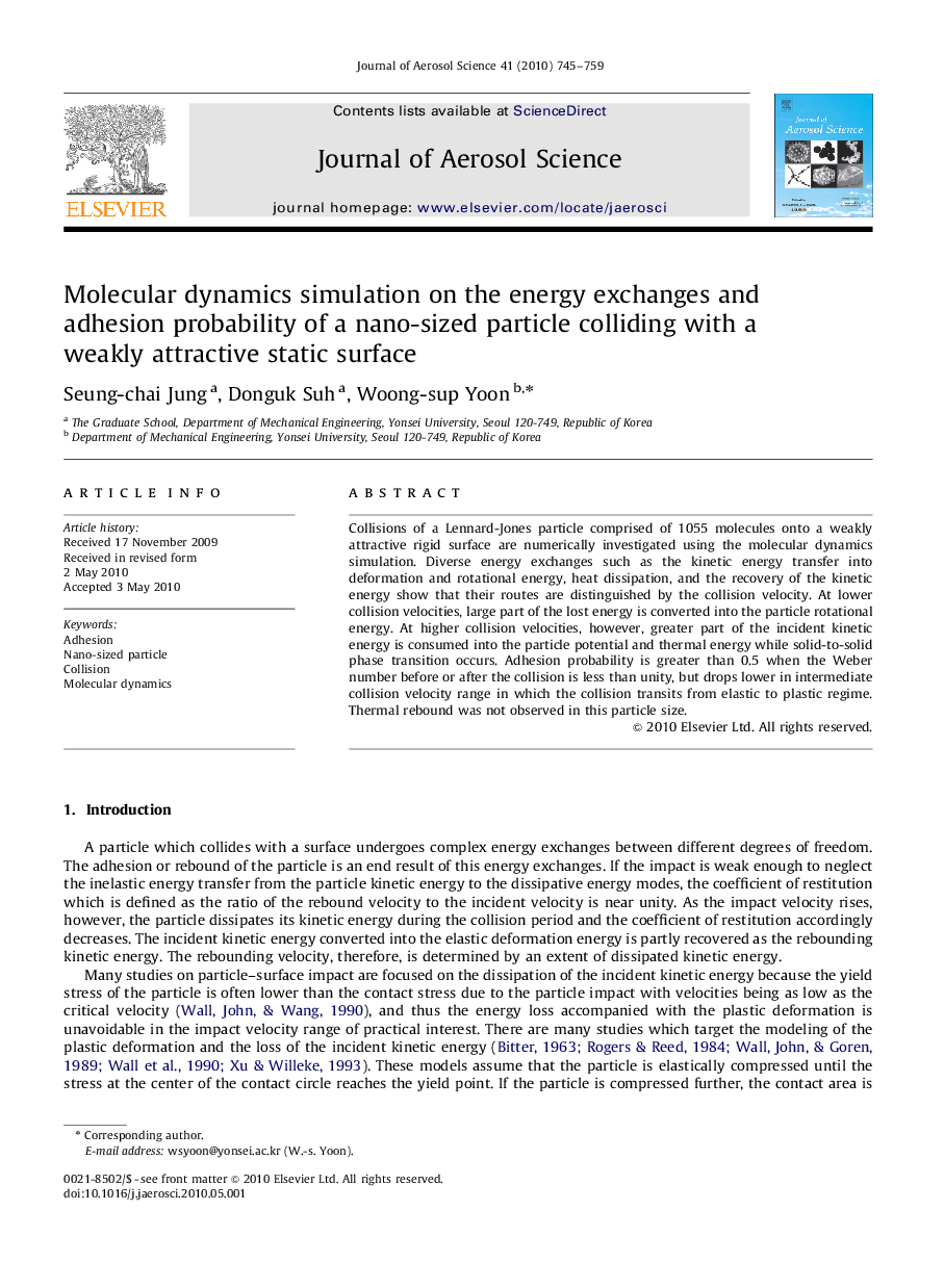 Molecular dynamics simulation on the energy exchanges and adhesion probability of a nano-sized particle colliding with a weakly attractive static surface