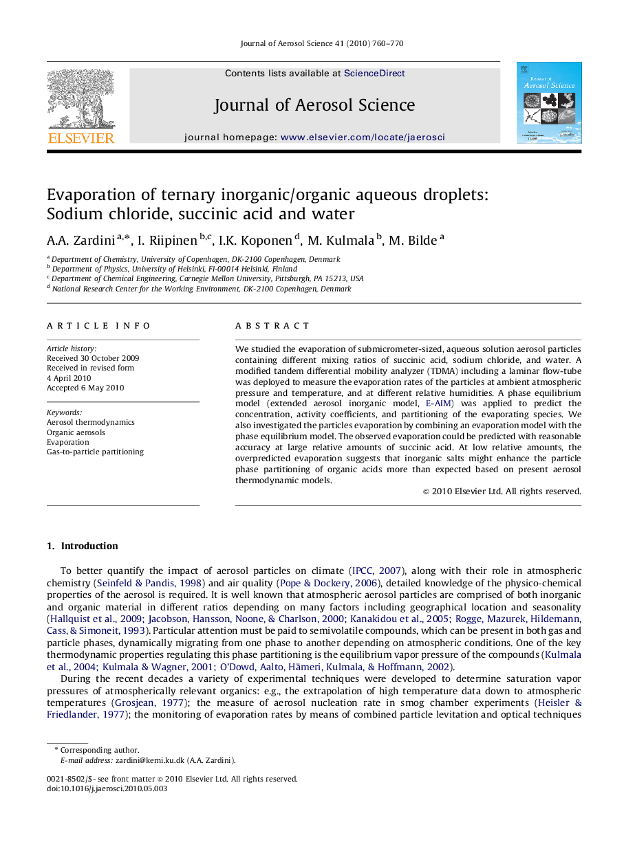 Evaporation of ternary inorganic/organic aqueous droplets: Sodium chloride, succinic acid and water