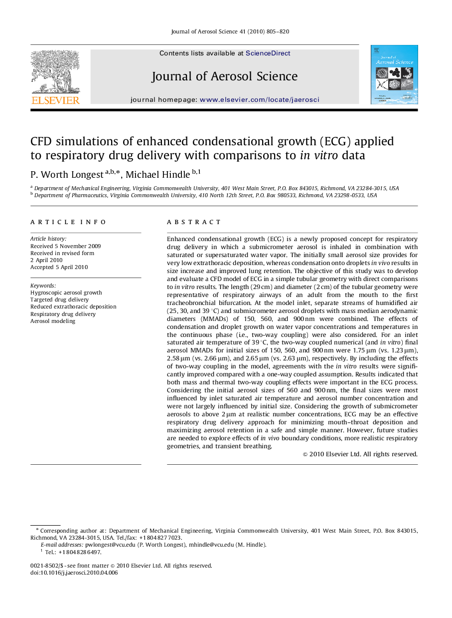 CFD simulations of enhanced condensational growth (ECG) applied to respiratory drug delivery with comparisons to in vitro data